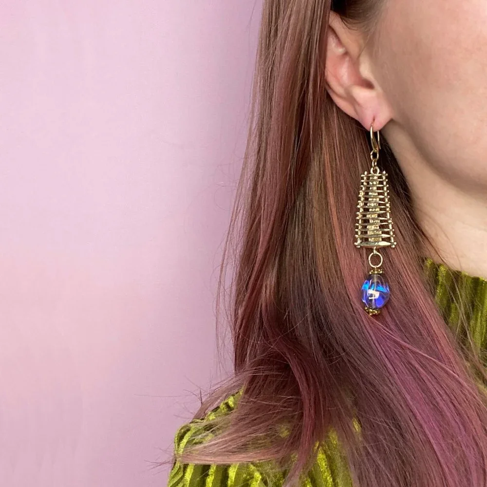Long party earrings for women, glass bead drop dangle earrings gold handmade
